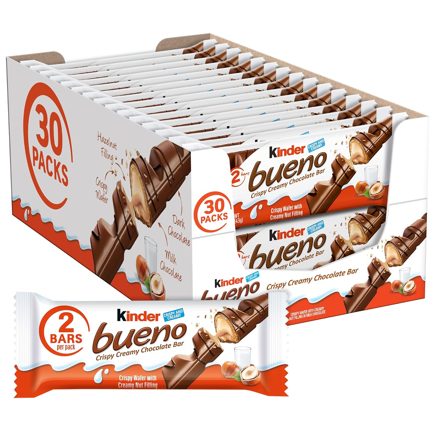 Kinder Bueno, Bulk 30 Pack, Milk Chocolate and Hazelnut Cream, Stocking Stuffers