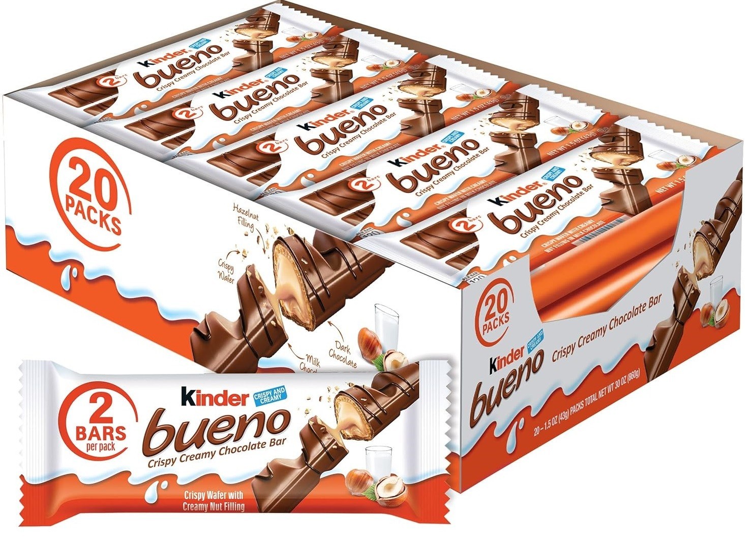 Kinder Bueno Milk Chocolate and Hazelnut Cream, Bulk 20 Pack,